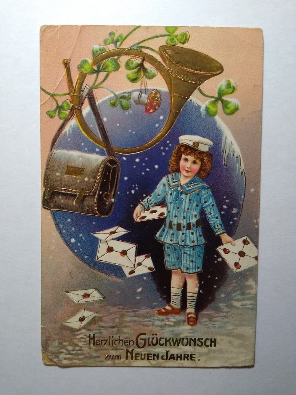 1910 German New Year Postcard Sailor Boy Post Horn Clover Toledo OH Postmark